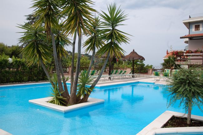 Piscina con al centro una pianta tropicale, sedie verdi e gazebo sullo sfondo.