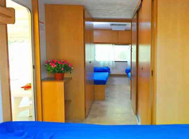 Corridoio con letti blu e porta piante.