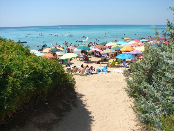 Spiaggia affollata con ombrelloni colorati e tante persone che si godono il mare.