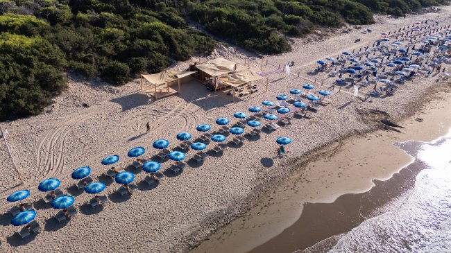 Una spiaggia con ombrelloni blu allineati e un chiosco di legno nella sabbia.