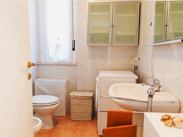 Un bagno con lavabo, wc e lavatrice.