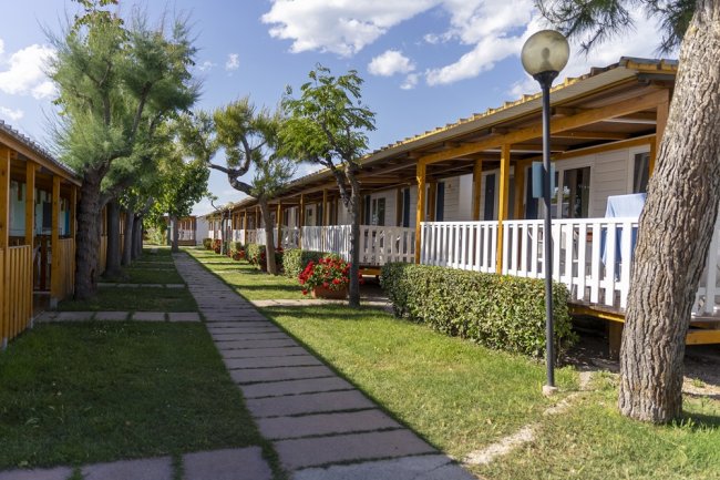 Viale alberato con case mobili e giardini curati.