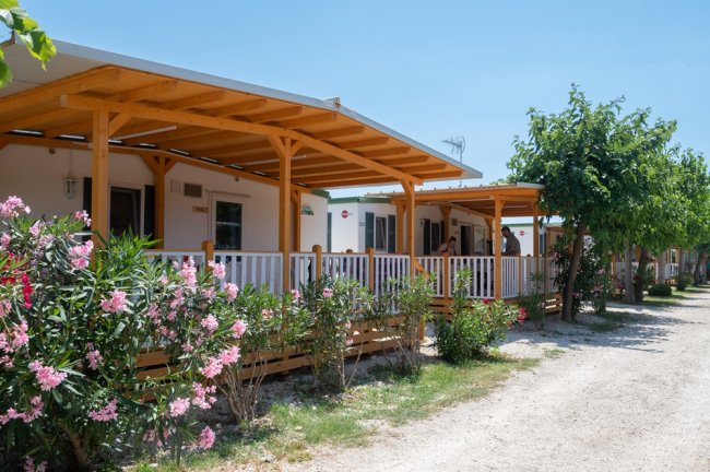 Veranda di bungalow con fiori rosa e alberi lungo un sentiero ghiaiato.