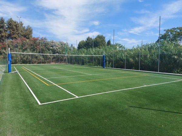 Campo da pallavolo all'aperto con erba finta e rete, circondato da alberi e cielo sereno.