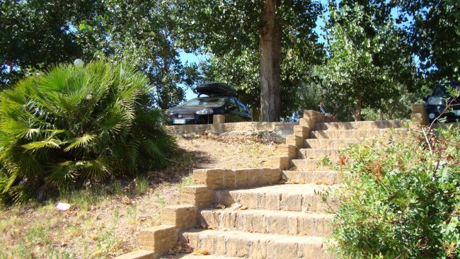 Scalini in pietra con auto e vegetazione al di sopra.