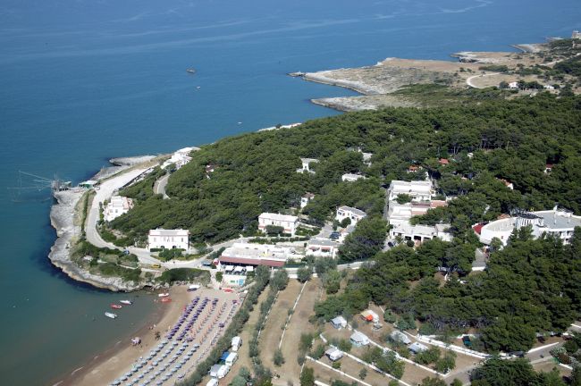 Costa con spiaggia, case tra alberi e mare; vista aerea.
