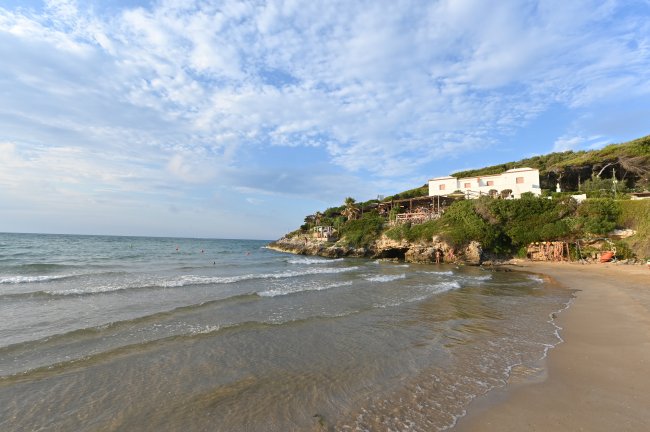 Spiaggia sabbiosa con onde leggere e una casa bianca circondata da vegetazione su una collina.