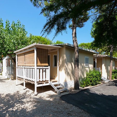 Casetta mobile beige con veranda in legno e gradini, circondata da alberi.