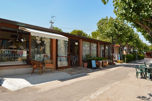 Esterno di un bar con tavolini e sedie sotto alberi lungo una strada soleggiata.