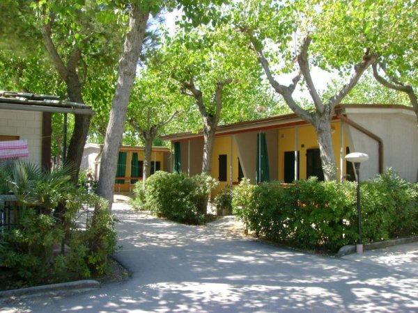 Alloggi immersi nel verde con vialetti e alberi attorno.