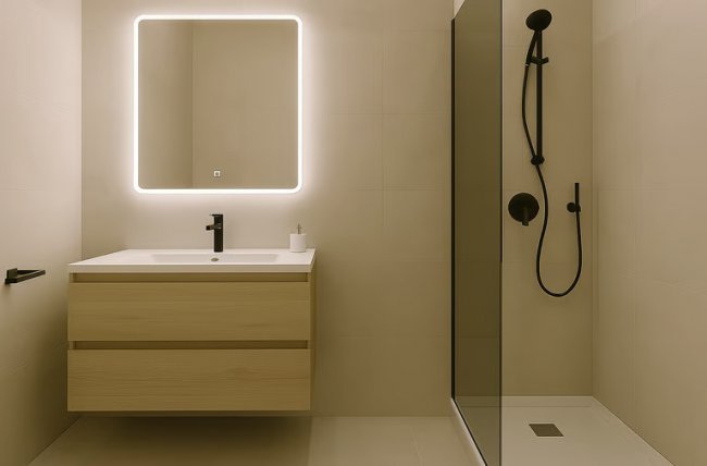 Bagno moderno con doccia nera e specchio illuminato.