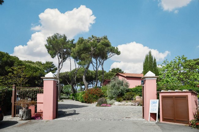 Ingresso con colonne rosa e alberi sullo sfondo.