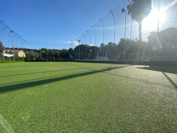Campo sportivo con erba sintetica e recinzione alta.