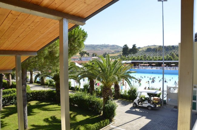 Vista su una piscina affollata circondata da palme e verde, con un campo collinare sullo sfondo.