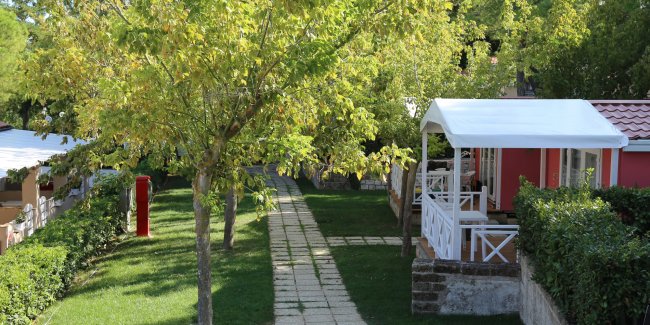 Percorso in pietra tra casette e alberi verdi.