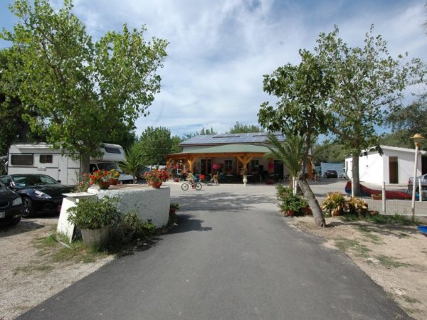 Ingresso di un campeggio con alberi, camper e persone in bicicletta.