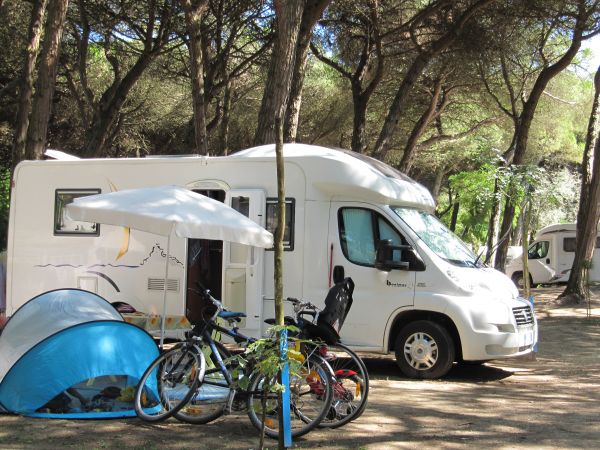 Camper e tende tra gli alberi in un campeggio, con biciclette parcheggiate davanti.