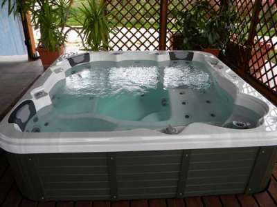 Spa con acqua sotto una copertura in legno e piante.