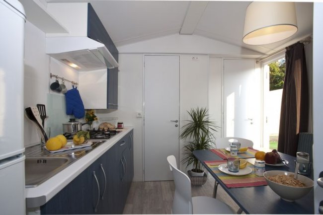 Cucina moderna con tavolo apparecchiato. Vista di un piano cottura e una pianta decorativa.