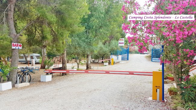 Ingresso di un campeggio con sbarra e fiori rosa.