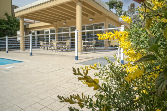 Cespugli di fiori gialli vicino a un patio coperto con tavoli e sedie.