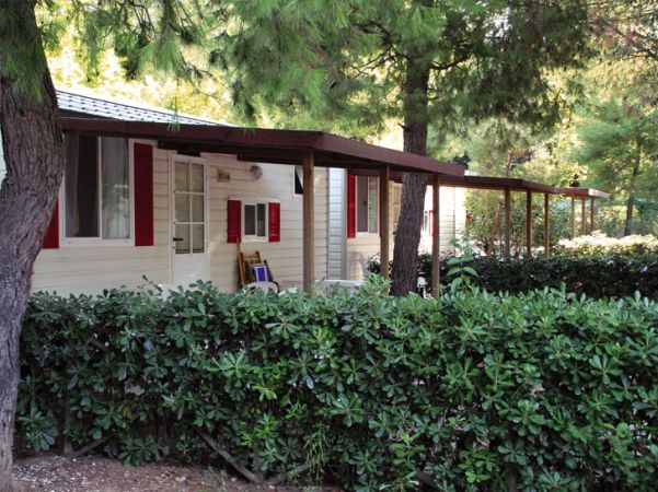 Bungalow con portico circondato da siepi e alberi.