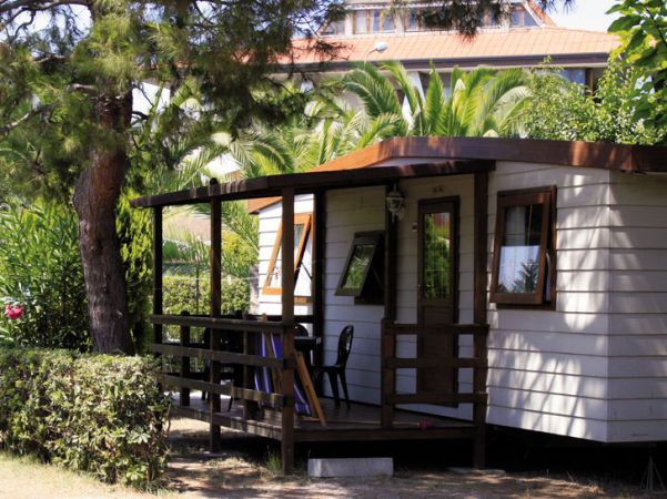 Casetta in legno con veranda e sedie sotto alberi rigogliosi.