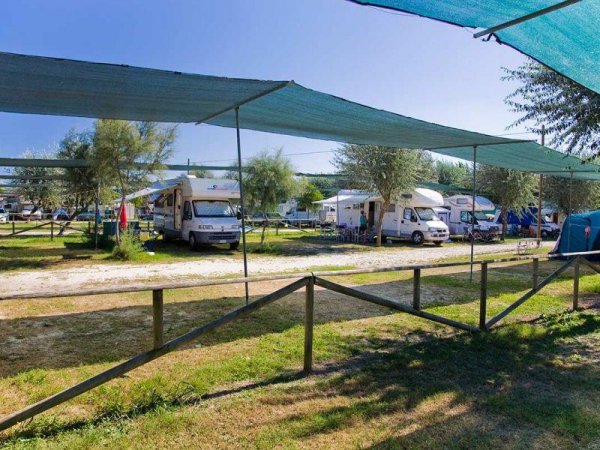 Camper parcheggiati sotto teloni ombreggianti in un campeggio.