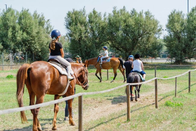 Persone a cavallo su un sentiero erboso, indossano caschi e sono circondate da alberi.
