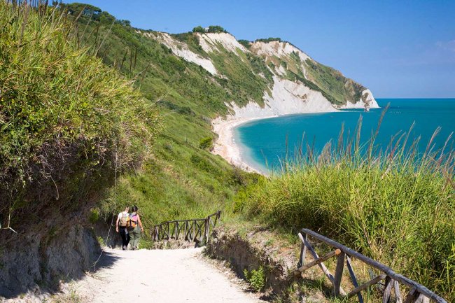 Sentiero verso una spiaggia con mare blu e scogliere.