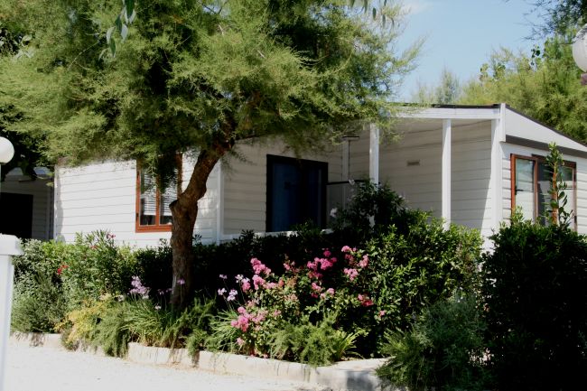 Una casa bianca con finestre, circondata da alberi e cespugli in fiore.