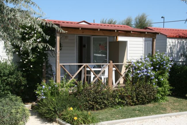 Una casa bianca con tetto rosso e veranda, circondata da piante e fiori blu.
