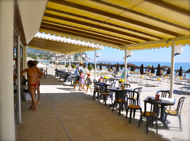 Area coperta con tavolini vicino alla spiaggia, persone passeggiano, vista del mare e ombrelloni.