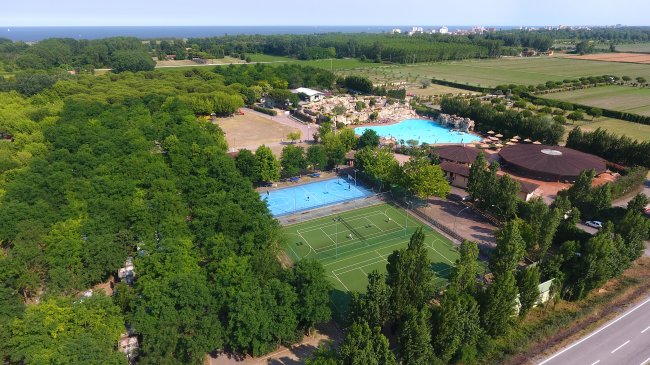 Vista aerea di un parco con piscine, campi sportivi e alberi.