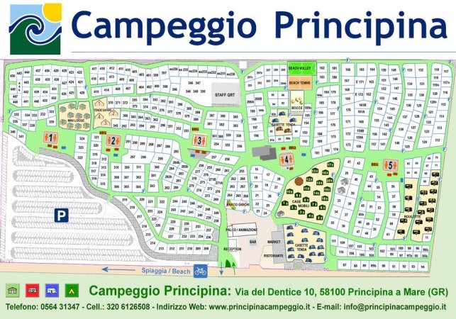 Mappa del Campeggio Principina con piazzole e servizi.