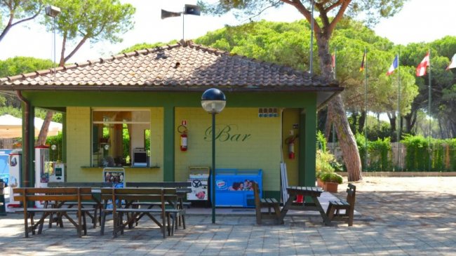 Un piccolo bar con tavoli all'aperto, circondato da alberi verdi sotto un tetto a spiovente.