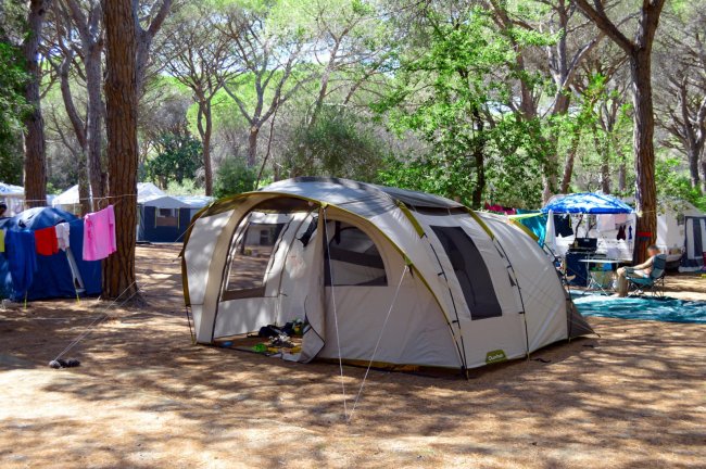 Una tenda familiare in un campeggio boschivo con ombre e altre tende intorno.