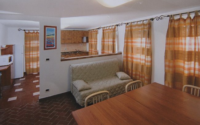 Un soggiorno con tende a righe, divano grigio e cucina parzialmente visibile.