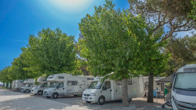 Un'area di sosta per camper con veicoli parcheggiati sotto alberi verdi.