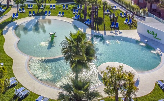 Vista aerea di una piscina all'aperto con palme e lettini.