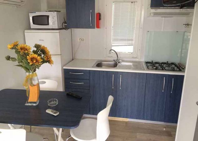 Cucina compatta con lavandino, fornelli, microonde e vaso di girasoli sul tavolo.