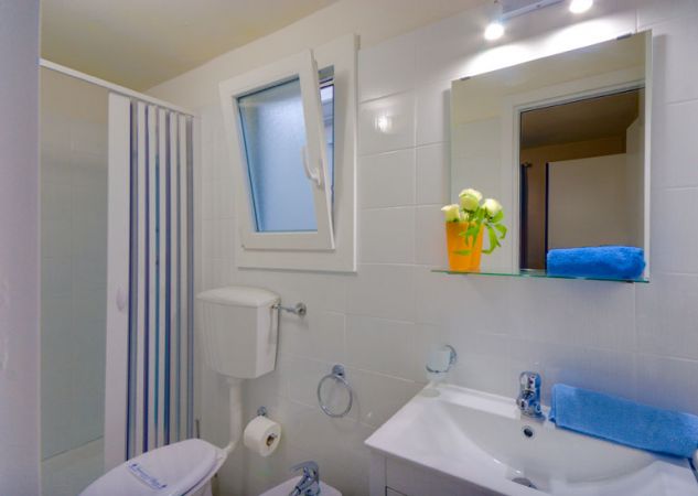 Bagno bianco con doccia, finestra aperta, specchio, lavandino e vaso con fiori.