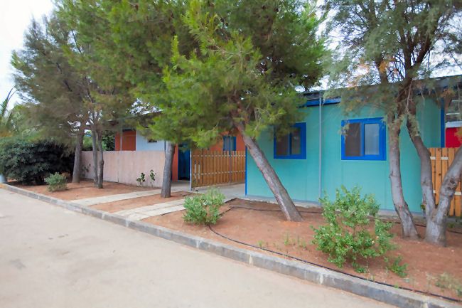 Bungalow colorati tra alberi e arbusti lungo un sentiero.