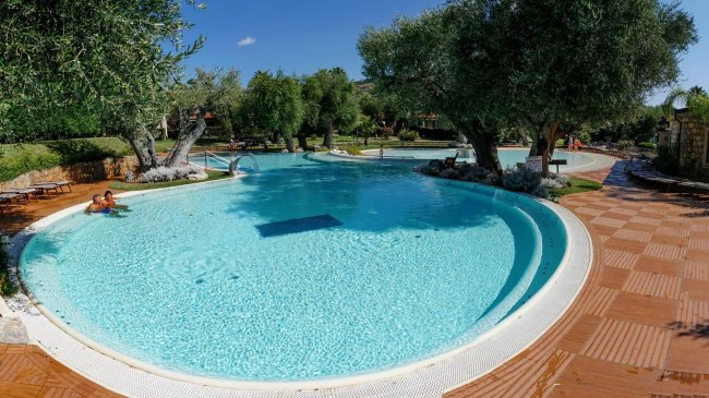 Piscina tonda immersa nel verde con passerella in legno.